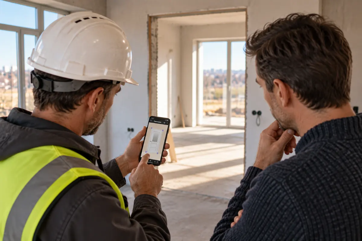 Um construtor e um cliente experimentam uma porta pelo celular num cômodo em obra