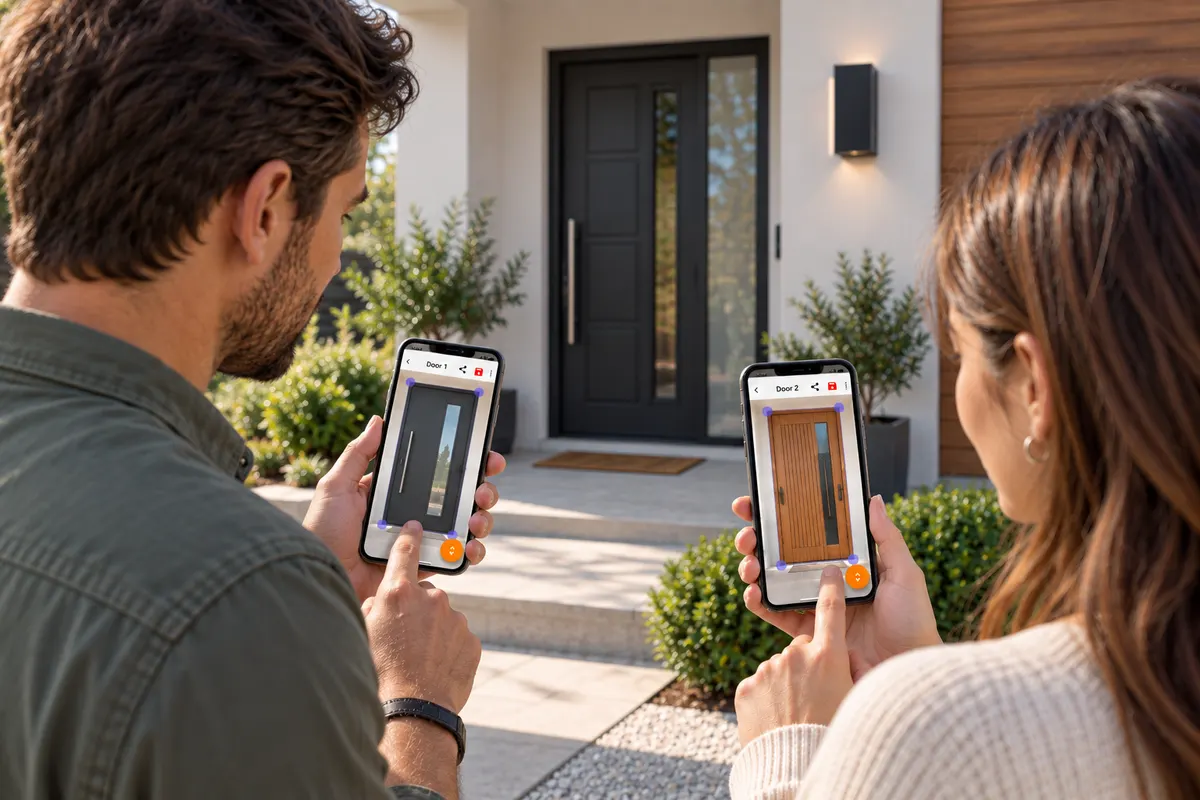 Um casal experimenta uma porta de entrada em frente à sua casa com os celulares