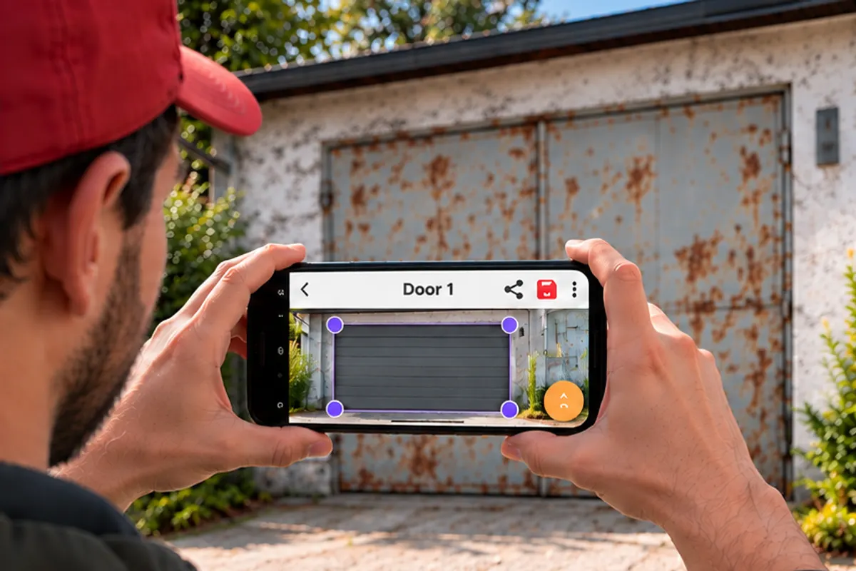 Um homem de boné vermelho experimenta pelo celular um novo portão de garagem