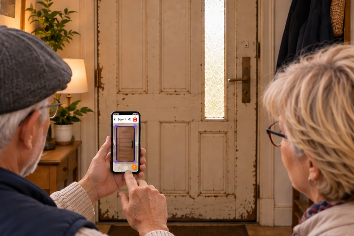 Um casal de idosos experimenta em casa, pelo celular, uma porta nova no lugar da antiga porta de entrada