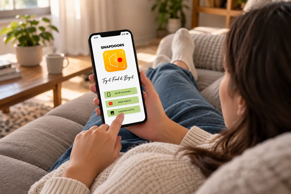 Una donna si rilassa sul divano e prova una porta con l'app SnapDoors Una donna si rilassa sul divano e prova una porta con l'app SnapDoors