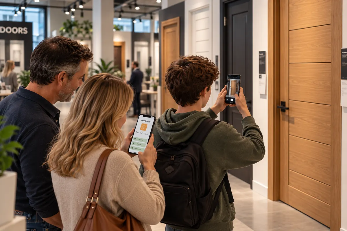 Uma família fotografa uma porta num showroom com o celular