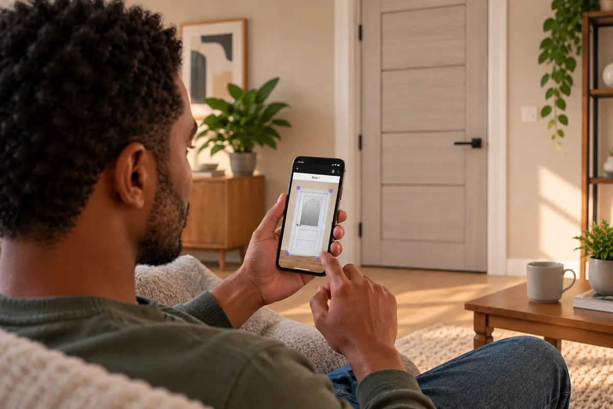 Um homem no sofá experimenta uma porta na sala com o celular