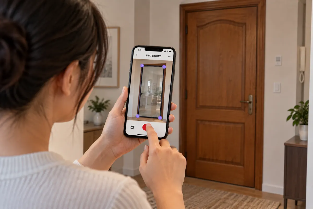 Uma mulher aponta o celular para uma porta para experimentá-la